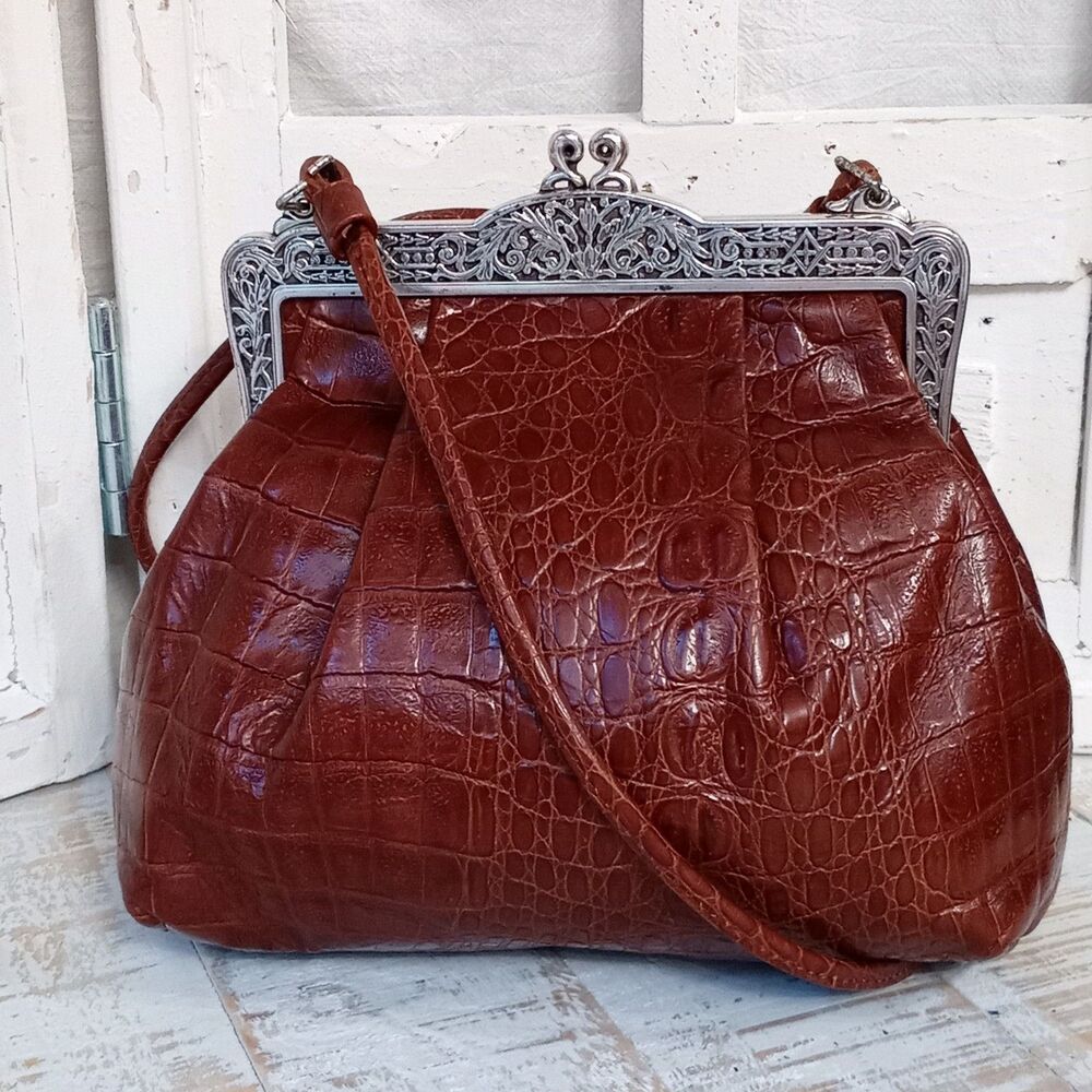VTG 90s Brighton One World Stacy Crossbody Alligator Leather Kisslock Victorian